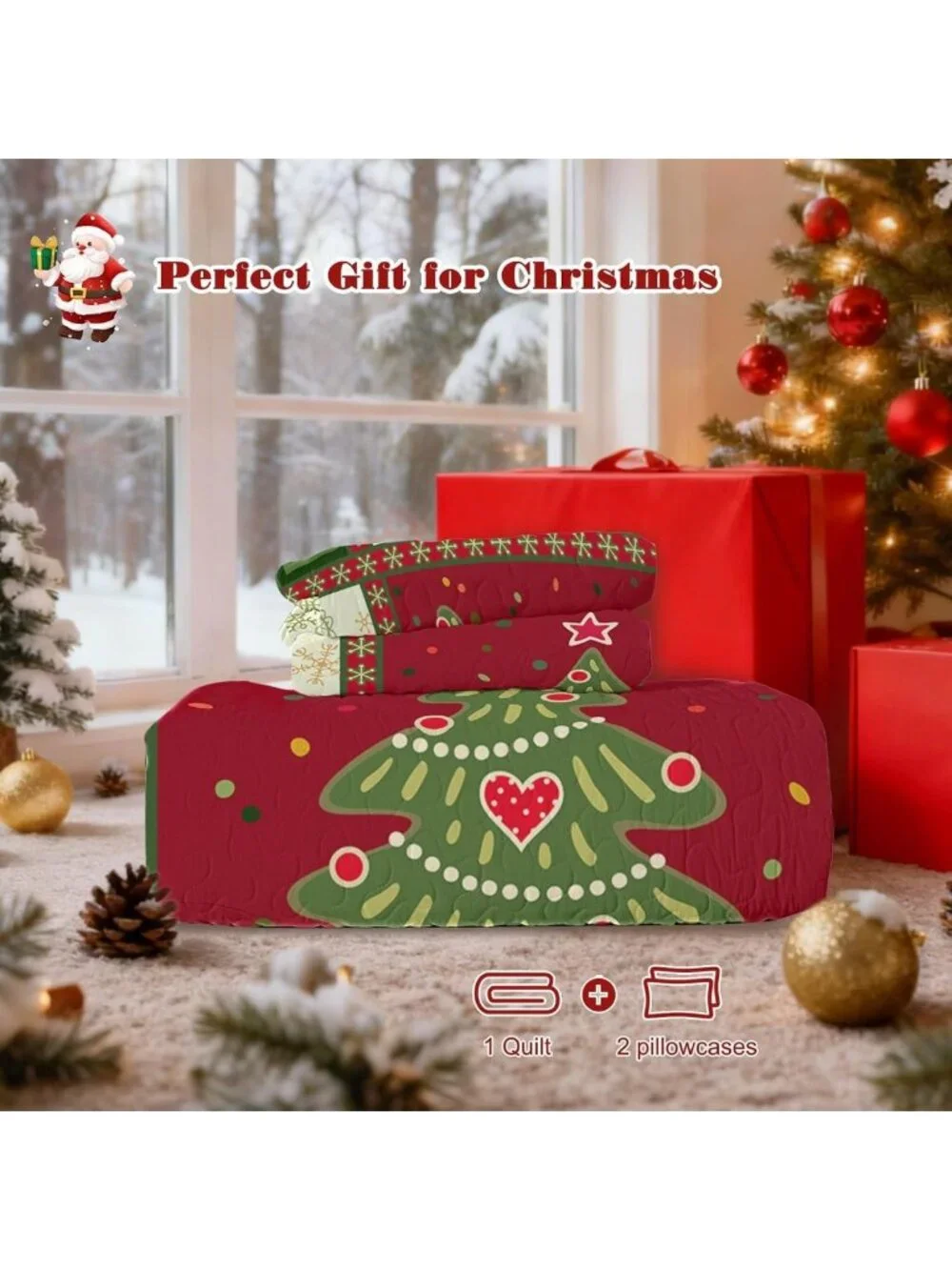 Cozy Christmas Tree Patchwork Queen Quilt Set - 3-Piece Bedspread for Holiday